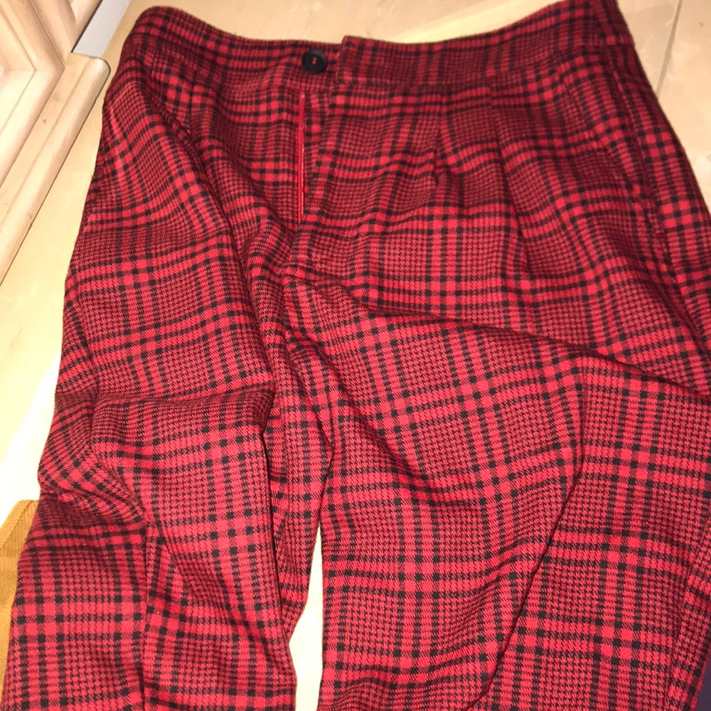 red, baggy pants
